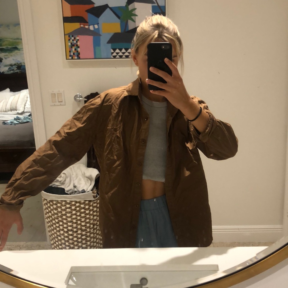 Brown button down shirt medusa, small loose, new without tags